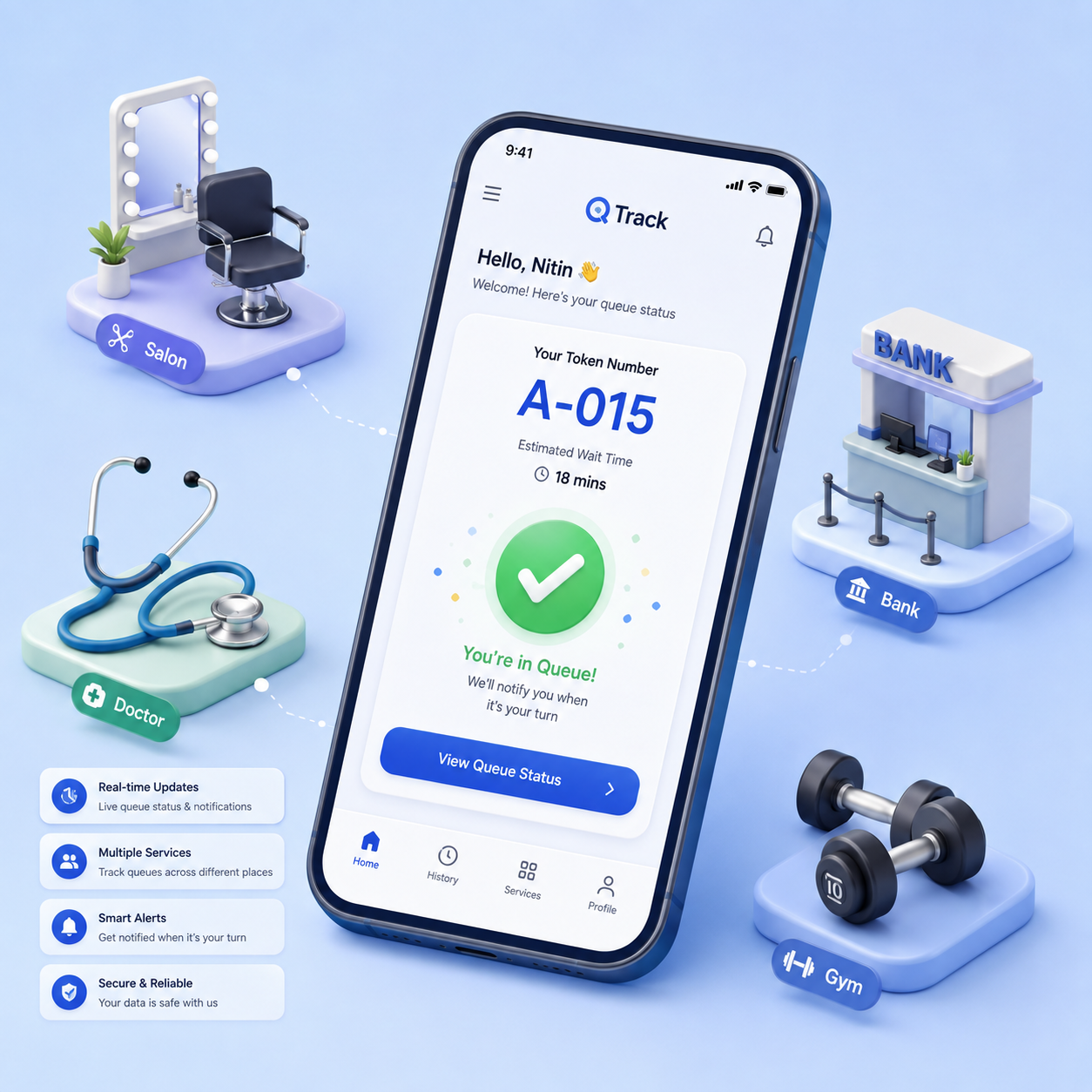 SWIQ queue management app showing live token tracking and appointment booking features