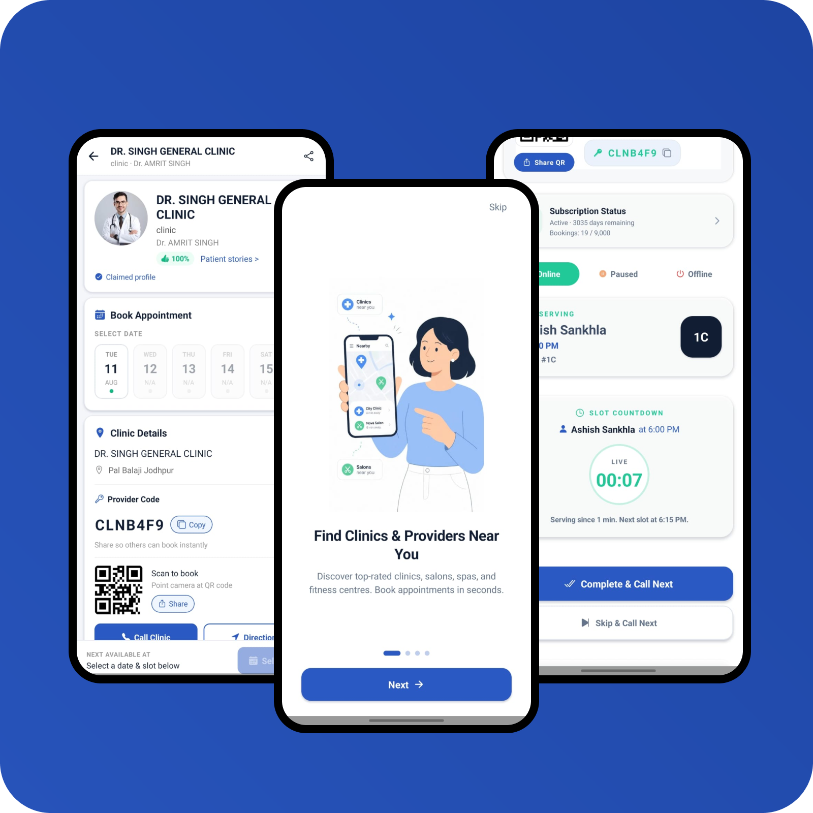 SWIQ queue management app showing clinic booking, appointment slots, and live token tracking on mobile