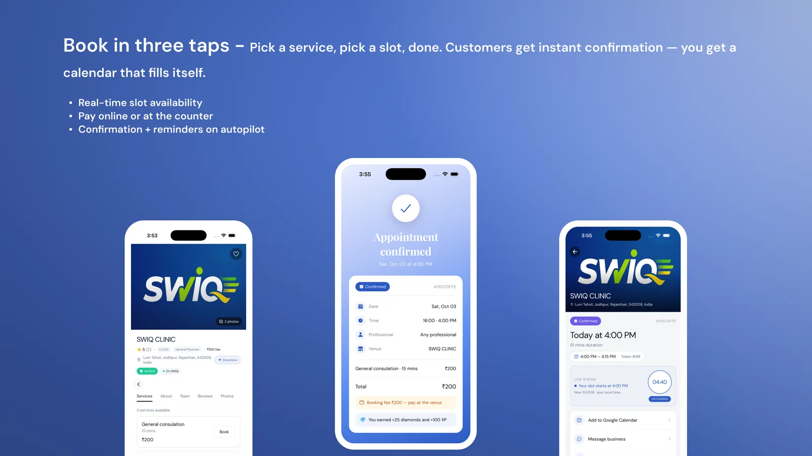 SWIQ live queue — service status, session clock and token countdown on the staff dashboard