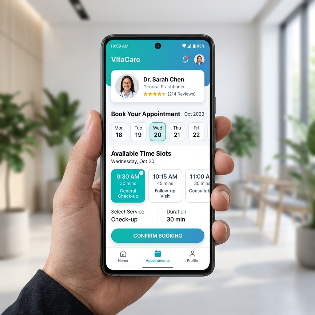 Doctor clinic appointment booking app with time slots