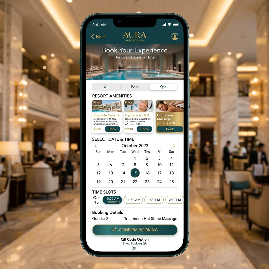 Hotel resort amenity booking app with time slots