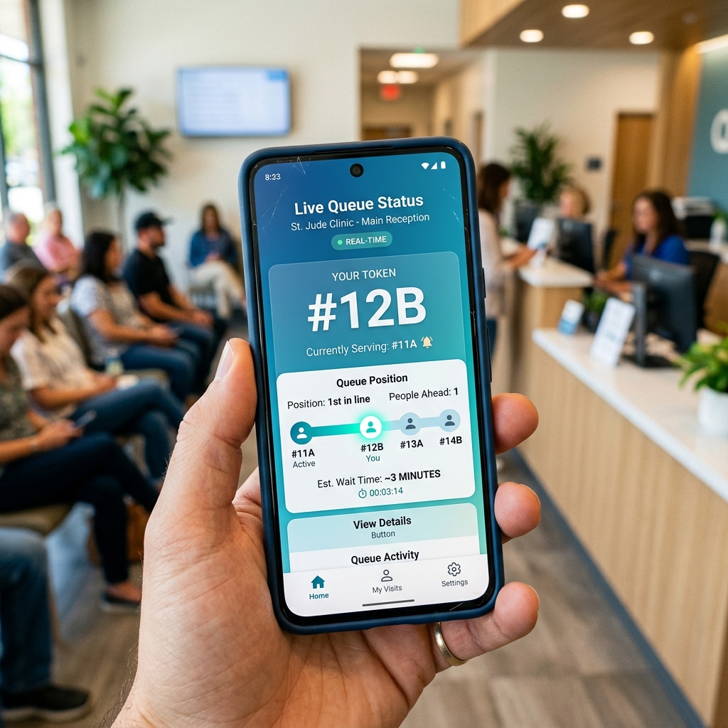 Live queue token tracker app showing real-time position
